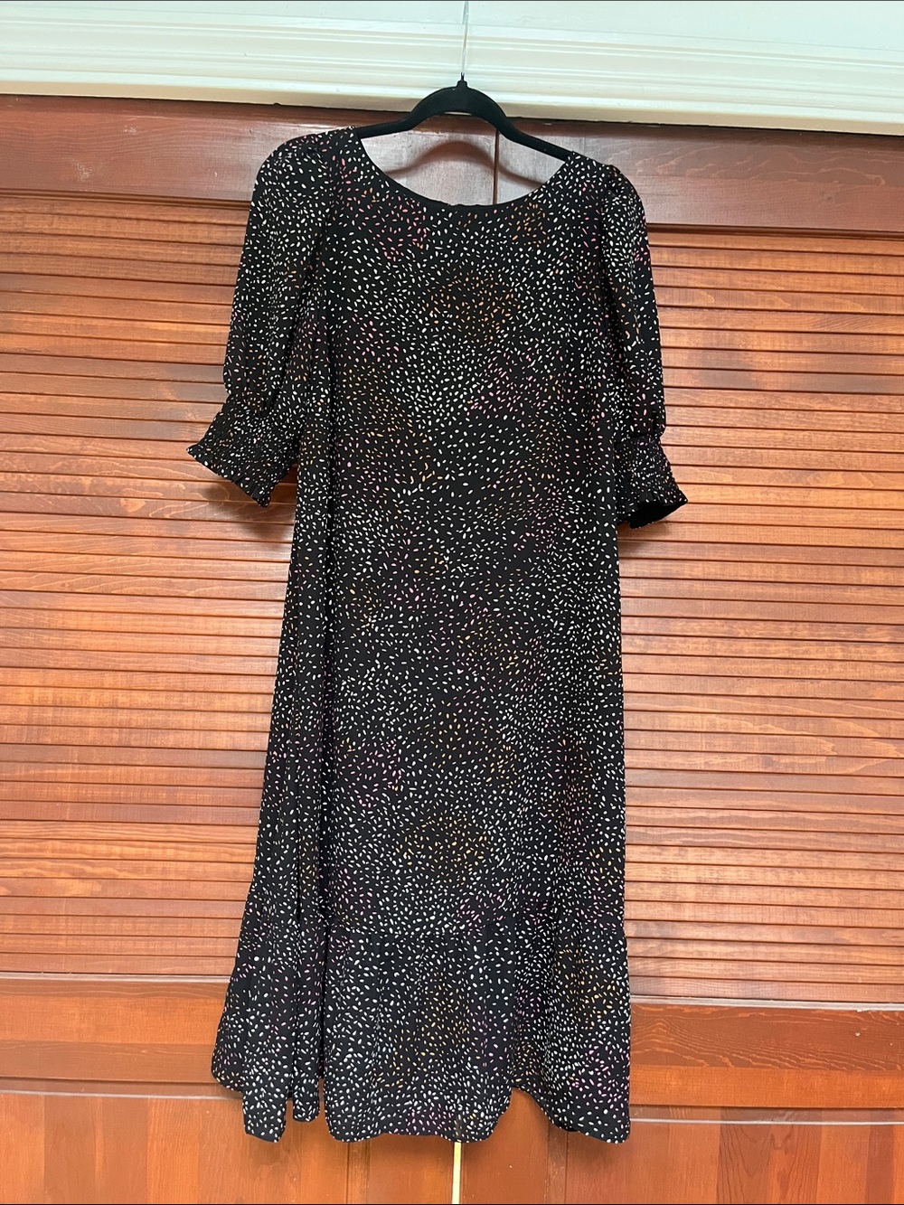 Ann Taylor Black Midi Dress with White and Subtle Multicolor Dot Print.